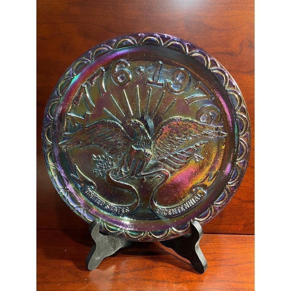 American Bicentennial Commemorative Plate Blue Carnival Glass American Eagle